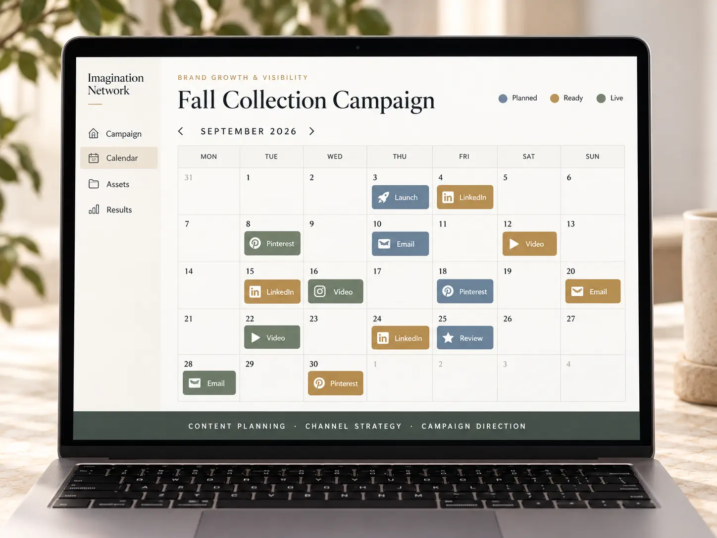 Fall Collection Campaign content calendar showing planned, ready, and live posts across channels