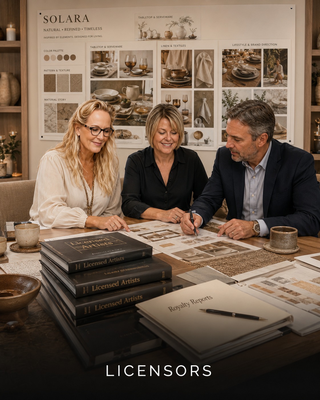 Licensing strategy meeting with Licensed Artists portfolio books and Royalty Reports folder.