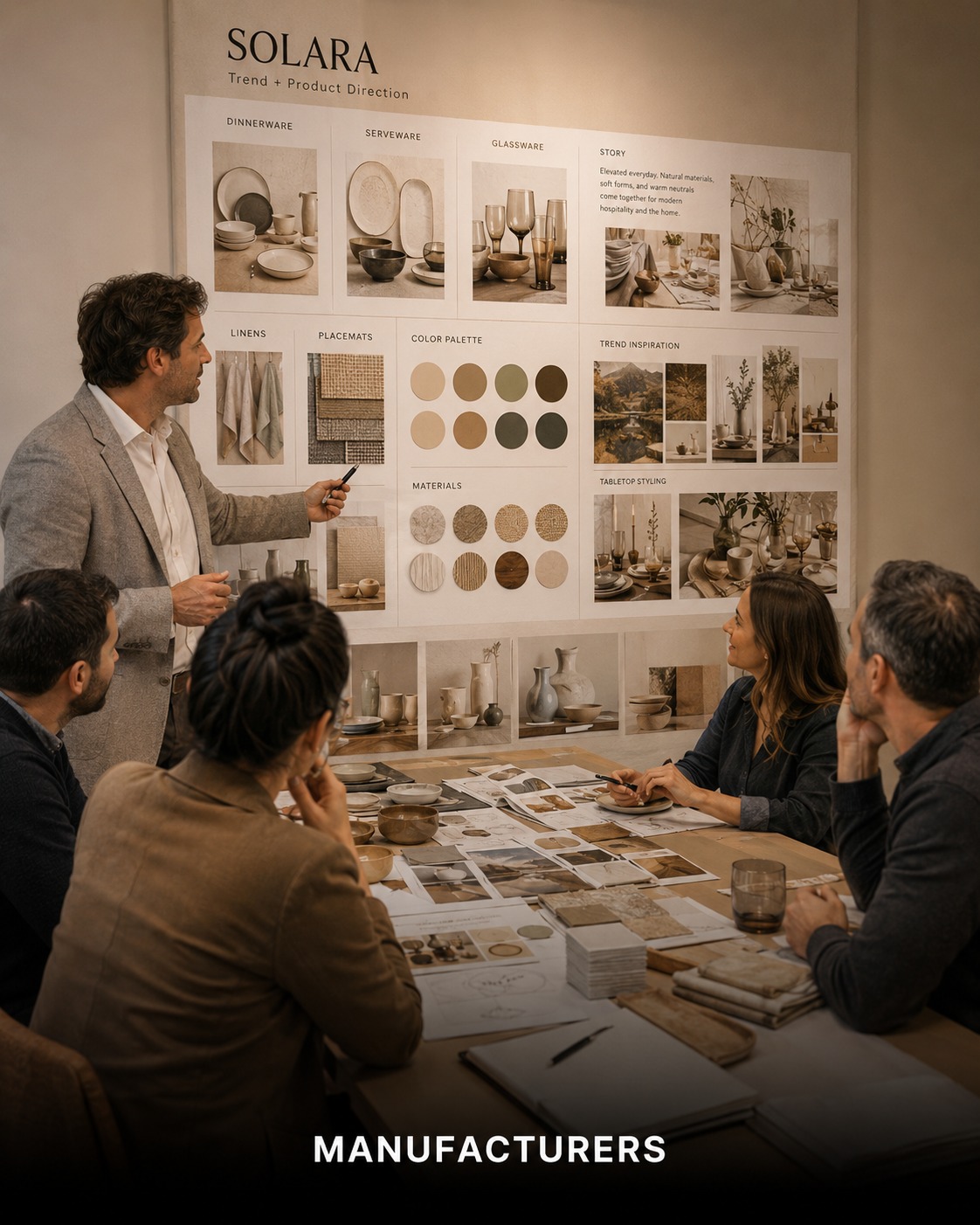 Manufacturer product development meeting reviewing a Solara trend and product direction board.
