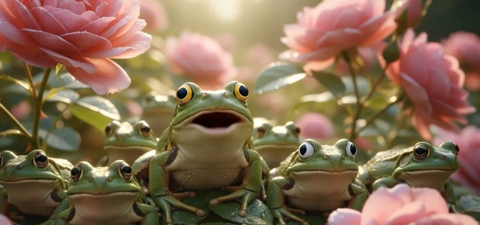 A chorus of frogs in a garden scene from Pedrollo's humorous pool-pump campaign