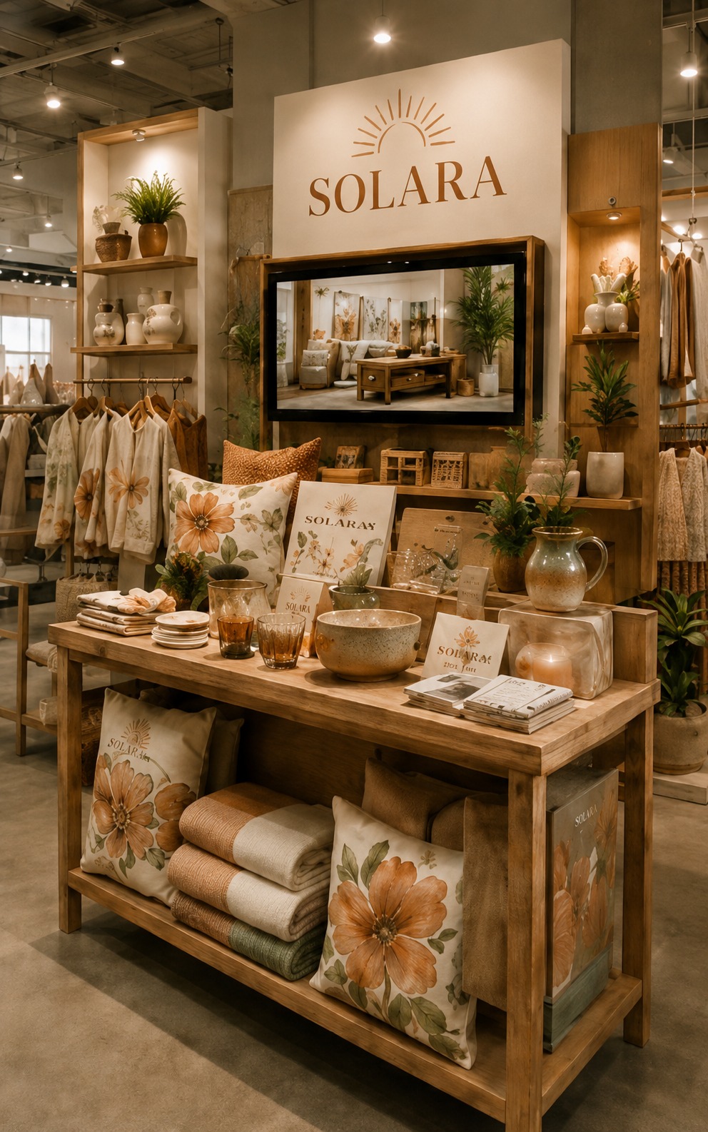 Solara retail display with tabletop, pillows, linens, ceramics, and lifestyle merchandising.