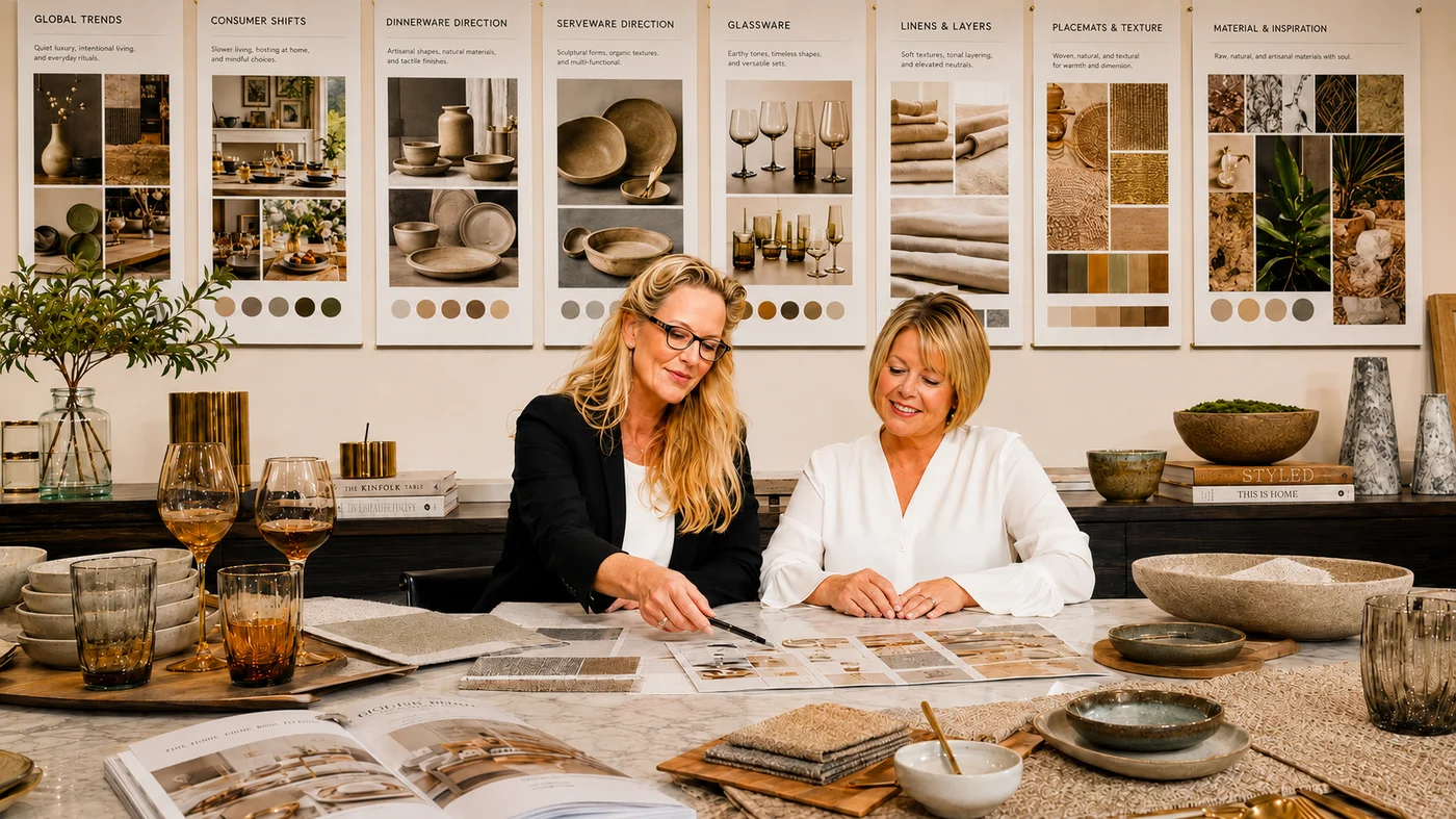 Linda and Mary reviewing global trends at the trend board