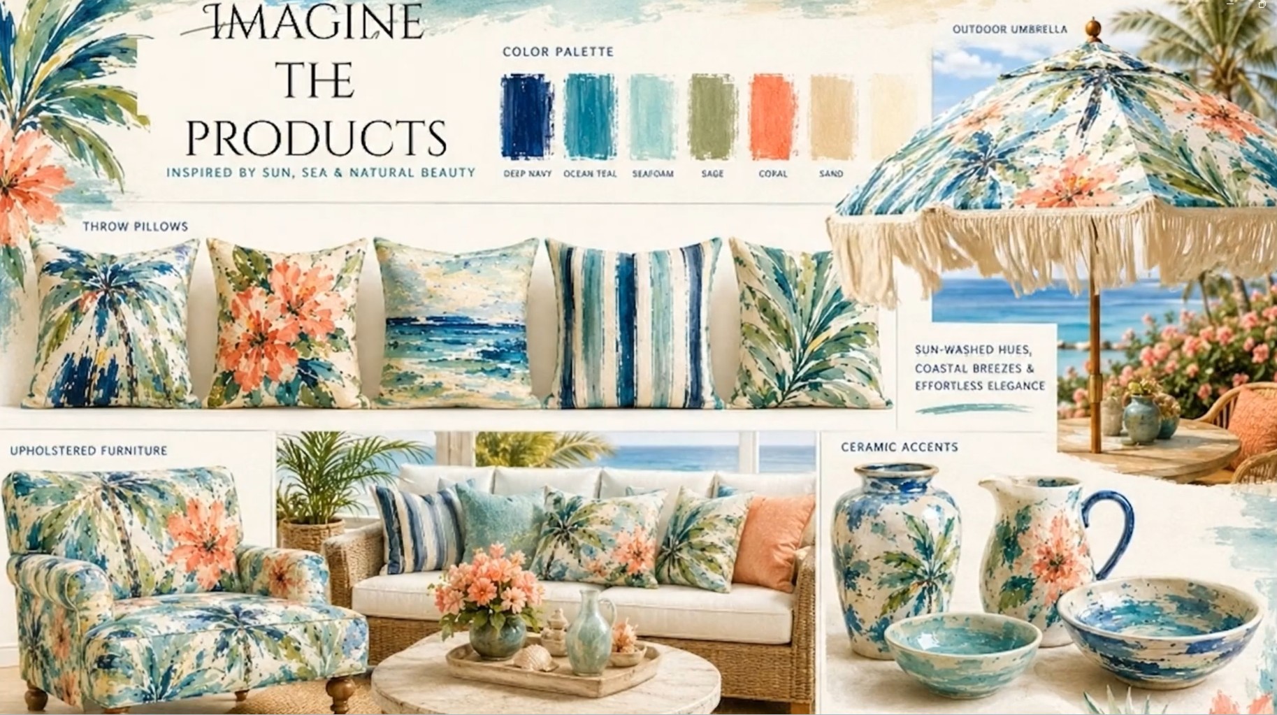 Imagine the Products coastal trend board featuring color swatches, pillows, furniture, an outdoor umbrella, and ceramic accents